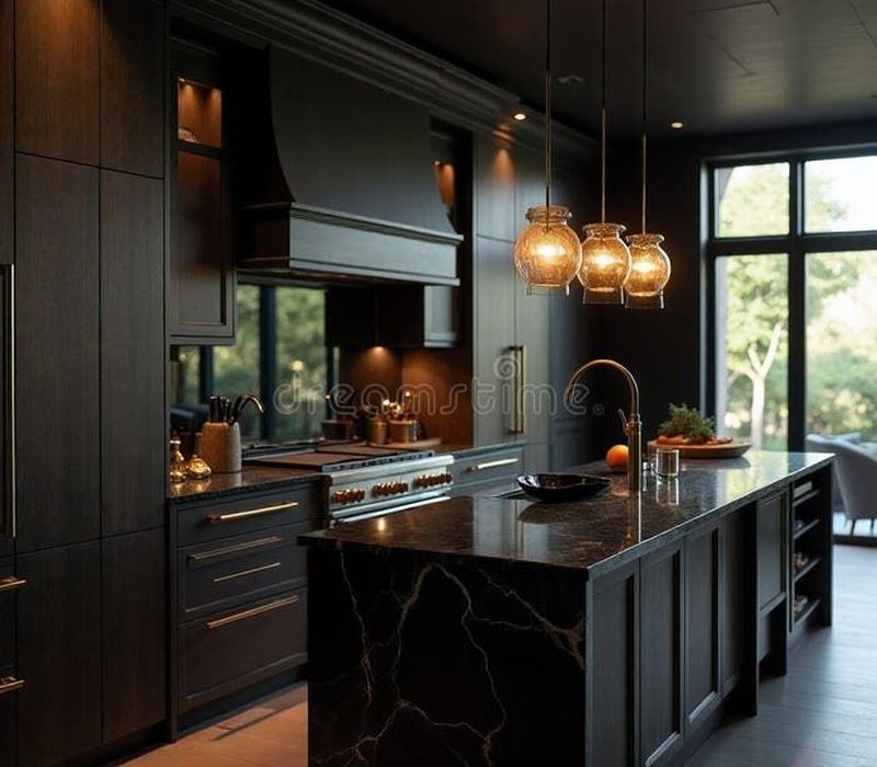 Luxury dark wood kitchen with granite countertops